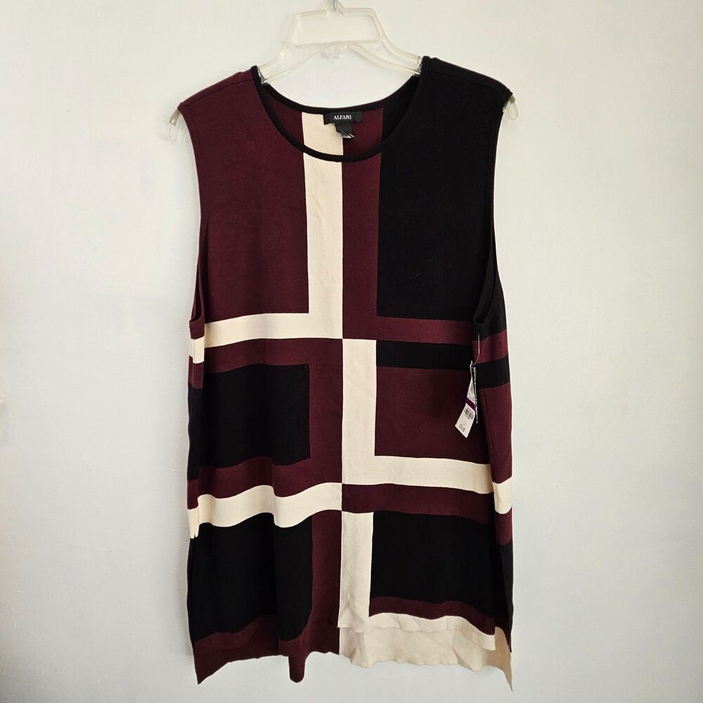Alfani Top Womens XXL Black Ivory Maroon Colorblock Sleeveless Stretch NWT